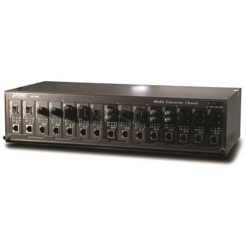 Planet MC-1500, šasi 15 slotů pro media konverotry, 19"/2,5U, interní napájení 70W