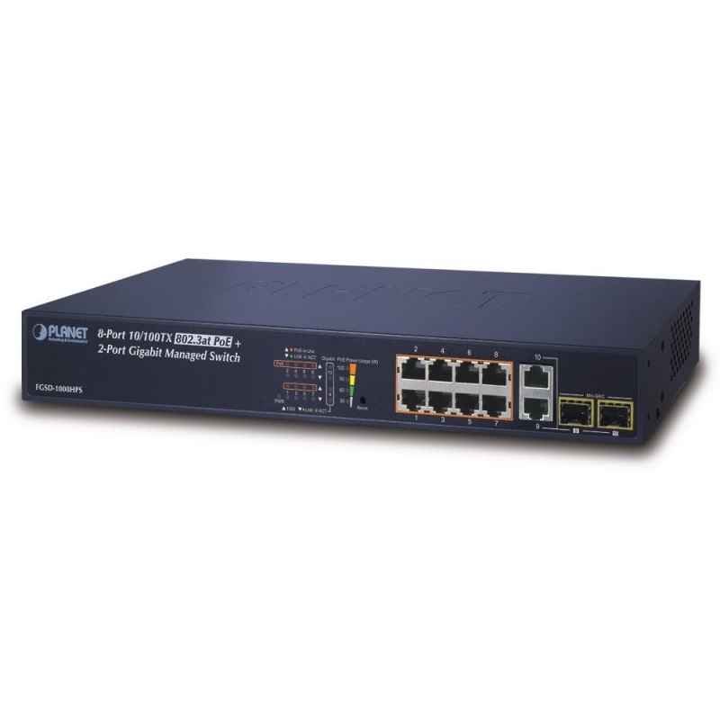 Planet FGSD-1008HPS L2 switch, 8x100Mb, 2x1Gb SFP, 8x PoE 802.3at 125W
