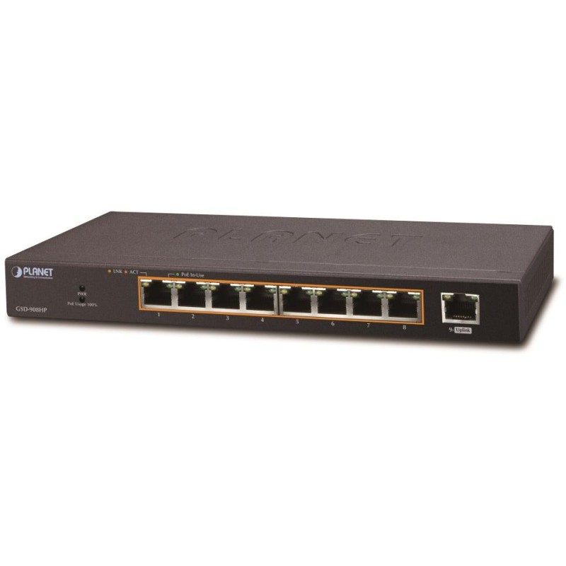 Planet PoE switch 1Gbps, 9xTP, 8xPoE 802.3at 30W/120W, fanless