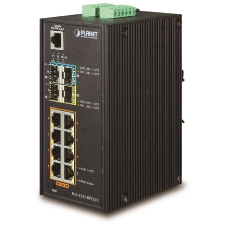 Planet IGS-5225-8P2S2X průmyslový L3 switch, 8x1Gb, 2x2.5Gb SFP, 2x10Gb SFP+, 8x PoE 802.3at 240W,dual 48-56VDC,-40~75°C