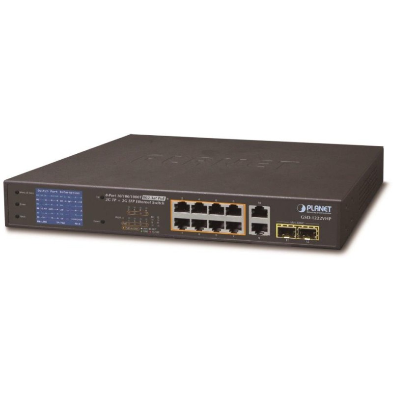 Planet GSD-1222VHP PoE switch, 8x PoE + 2x 1000Base-T + 2x SFP, LCD,VLAN, extend mód 10Mb do 250m, IEEE 802.3at 120W