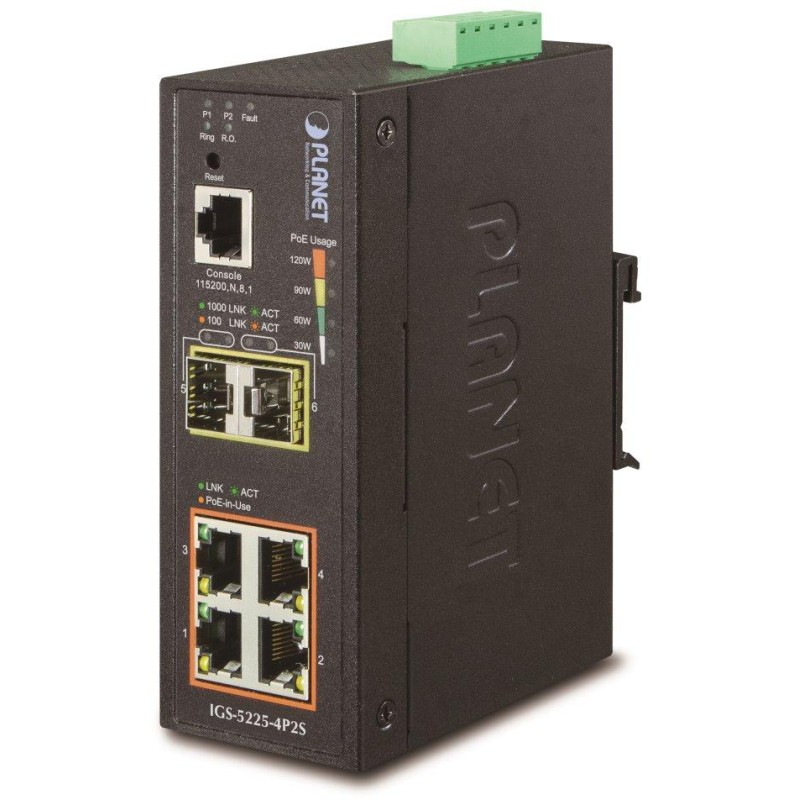 Planet IGS-5225-4P2S průmyslový L3 switch, 4x1Gb, 2x1Gb SFP, 4x PoE 802.3at 144W, dual 48-56VDC, -40~75, IP40