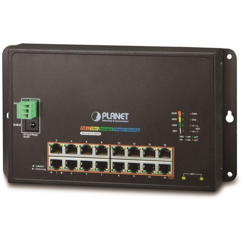 Planet WGS-4215-16P2S plochý L4 switch, 16x1Gb, 2x1Gb SFP, 16x PoE 802.3at 240W, 48-56VDC, -10~60°C, IP30, fanless