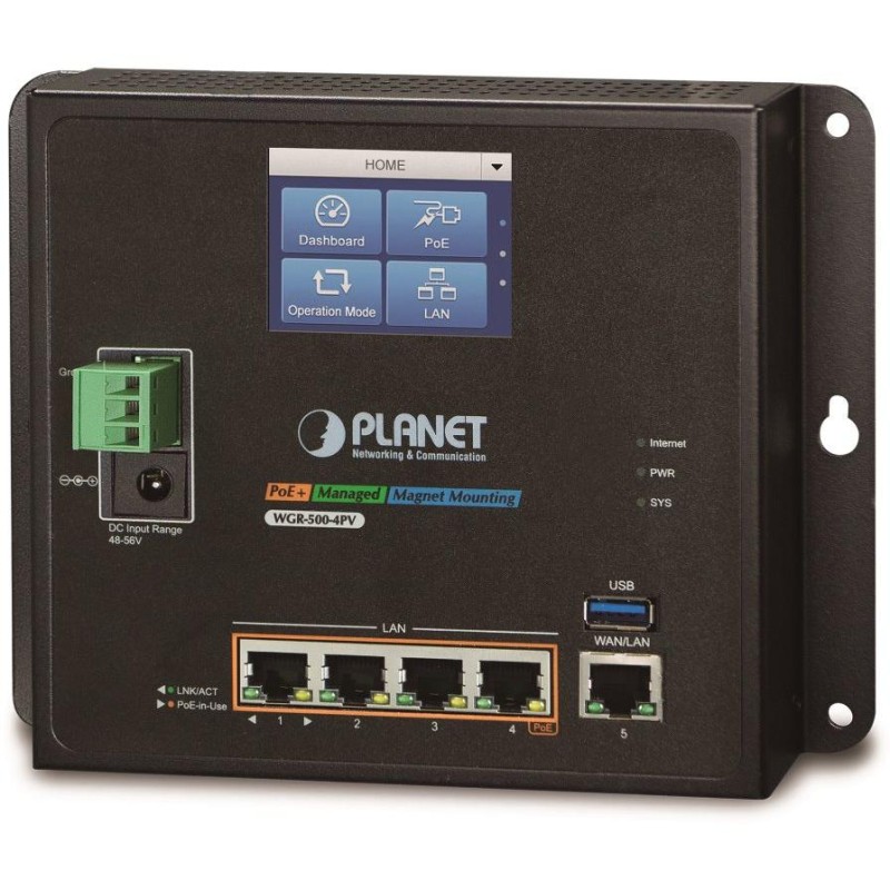 Planet WGR-500-4PV, průmyslový PoE router, 1xWAN+4xLAN 1Gbps, PoE 802.3at 120W, DIN, dual 48-56VDC, -10až60°C, touch LCD