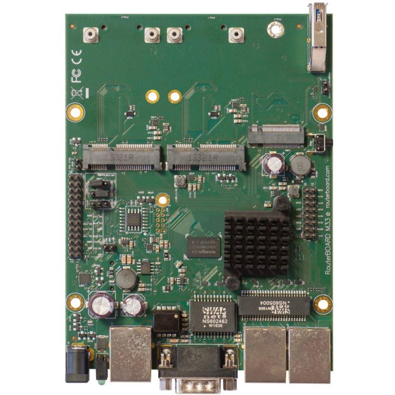 MikroTik RouterBOARD RBM33G 256MB RAM, dual 880 MHz, 2x miniPCI-e, 1x M.2 slot, 2x SIM slot, 3x GbE, L4