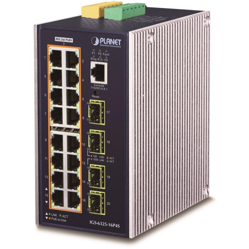 Planet IGS-6325-16P4S průmyslový L3 switch, 16x1Gb, 4x2.5G SFP, PoE 802.3at 320W, 48-56VDC, -40~75°C, IP30, fanless