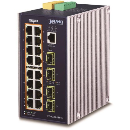 Planet IGS-6325-16P4S průmyslový L3 switch, 16x1Gb, 4x2.5G SFP, PoE 802.3at 320W, 48-56VDC, -40~75°C, IP30, fanless