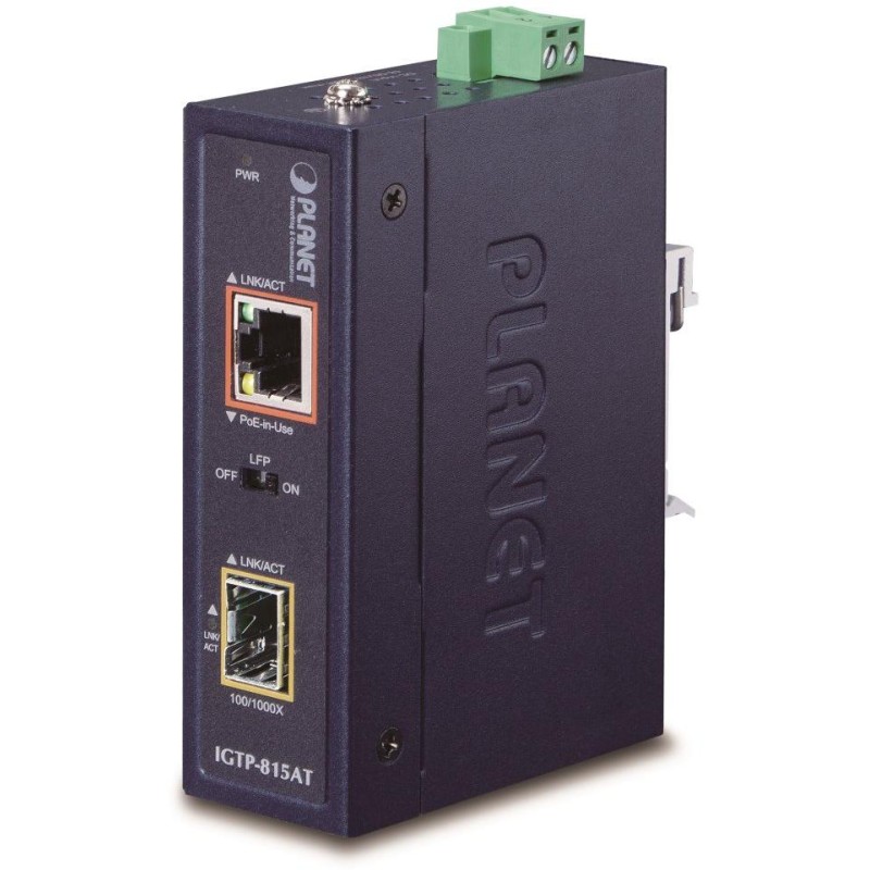 Planet IGTP-815AT konvertor RJ45/SFP, 1Gbps, PoE injektor 802.3at, -40 až 75 st.C, IP30, EFT+ESD, malý rozměr