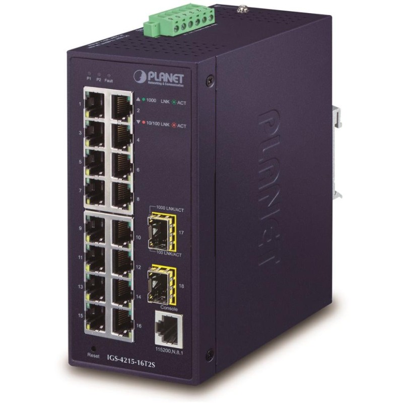 Planet IGS-4215-16T2S průmyslový L2 switch, 16x1Gb, 2x1Gb SFP, dual 12-48VDC , -40~75°C, 1x RJ45 serial port, IP30
