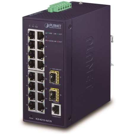 Planet IGS-4215-16T2S průmyslový L2 switch, 16x1Gb, 2x1Gb SFP, dual 12-48VDC , -40~75°C, 1x RJ45 serial port, IP30