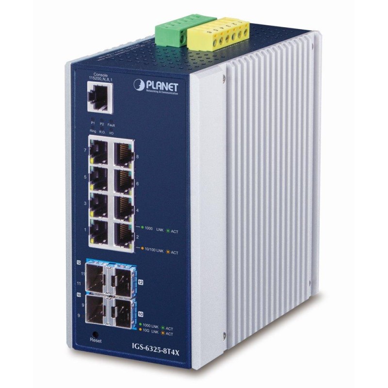Planet IGS-6325-8T4X průmyslový L3 switch, 8x1Gb, 4x10Gb SFP+, 12-48VDC, -40~75°C, IP30, fanless