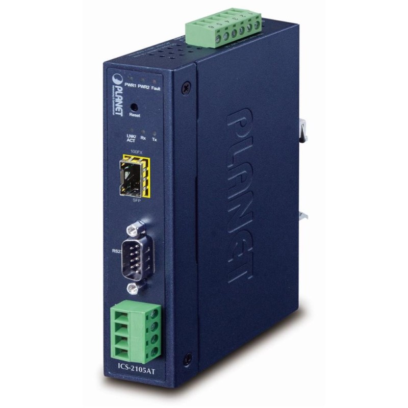 Planet průmyslový konvertor RS-232/422/485 na IP, 1x COM, 1x 100Base-FX/SFP, 9-48VDC, -40~+75°C, IP30, SNMP+Telnet