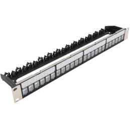 XtendLan Patch panel 19", 24 portů, neosazený, stíněný, černý, Cat5e/6/6A/7, vyvazovák