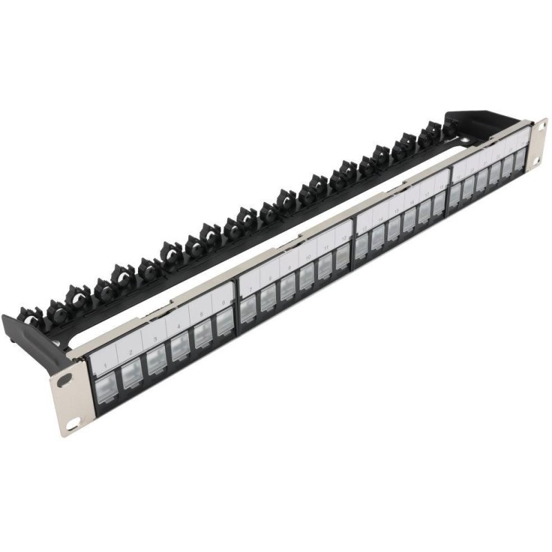 XtendLan Patch panel 19", 24 portů, neosazený, stíněný, černý, Cat5e/6/6A/7, vyvazovák