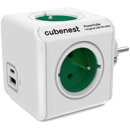 Cubenest Powercube Original USB PD 20W, A+C, 4× zásuvka, bílá/zelená, dětská pojistka, uzemnění, max. 16A/250V~3680W