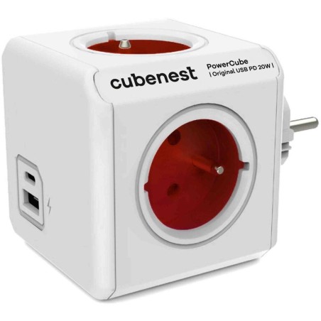 Cubenest Powercube Original USB PD 20W, A+C, 4× zásuvka, bílá/červená, dětská pojistka, uzemnění, max. 16A/250V~3680W