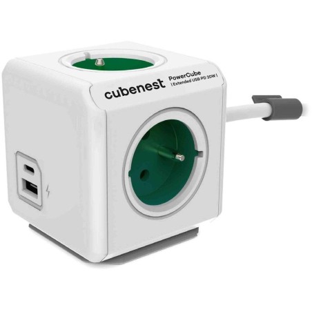 Cubenest Powercube Extended USB PD 20W, A+C, 4× zásuvka, 1,5m, bílá/zelená, dětská pojistka, uzemnění, dok, 10A/250V