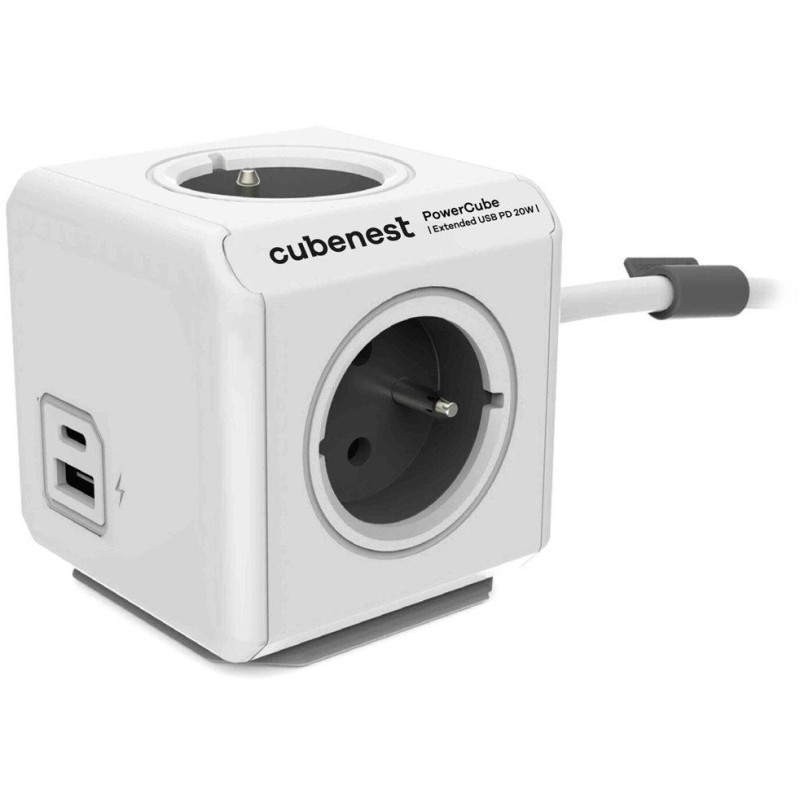 Cubenest Powercube Extended USB PD 20W, A+C, 4× zásuvka, 1,5m, bílá/šedá,  dětská pojistka, uzemnění, dok, 10A/250V