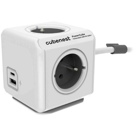 Cubenest Powercube Extended USB PD 20W, A+C, 4× zásuvka, 1,5m, bílá/šedá,  dětská pojistka, uzemnění, dok, 10A/250V