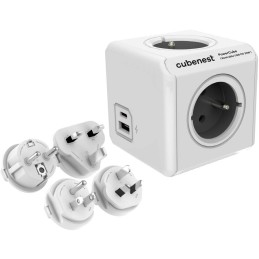 Cubenest Powercube ReWirable USB PD 20W, A+C, 4× zásuvka, bílá/šedá, 4 cestovní koncovky, dětská pojistka, uzemnění