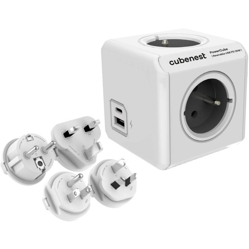 Cubenest Powercube ReWirable USB PD 20W, A+C, 4× zásuvka, bílá/šedá, 4 cestovní koncovky, dětská pojistka, uzemnění