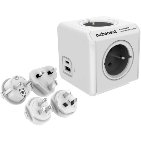 Cubenest Powercube ReWirable USB PD 20W, A+C, 4× zásuvka, bílá/šedá, 4 cestovní koncovky, dětská pojistka, uzemnění