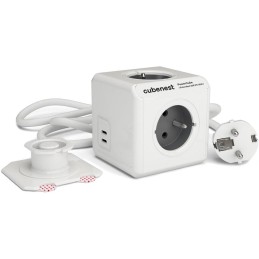 Cubenest Powercube Extended USB PD 35W, 2xUSB-C, 4× zásuvka, 1,5m, bílá/šedá, dětská pojistka, uzemnění, montážní dok