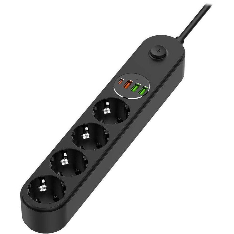 COLORWAY Prodlužovací napájecí přívod/ 4x Schuko/ 3x USB-A / 1x USB-C/ 45W/ Černý/ kabel 2m