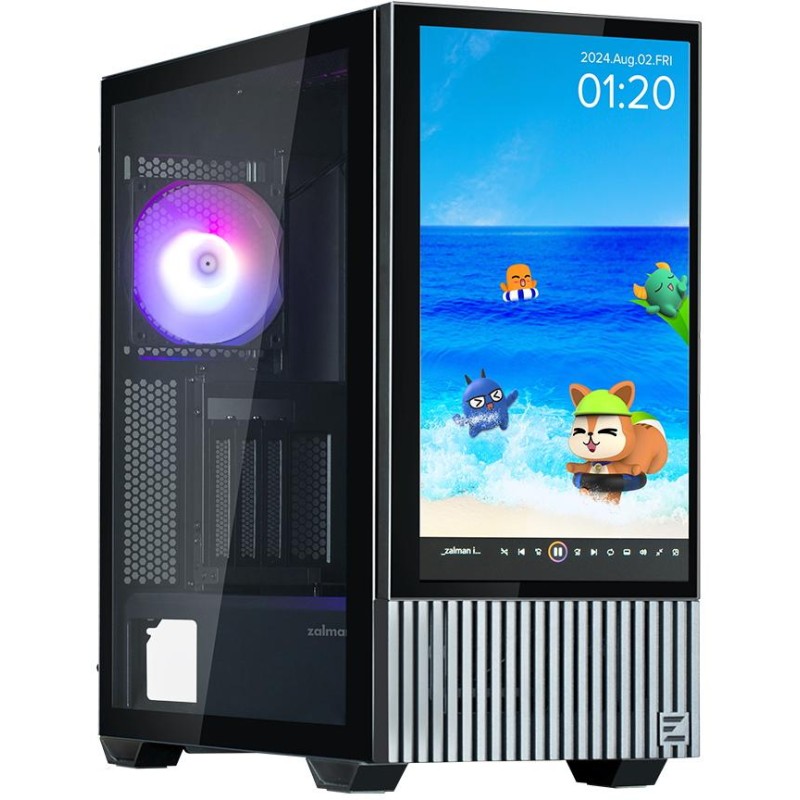 Zalman skříň Z10 DS / Middle Tower / 3x120mm fan / 2x USB 3.0 / USB-C / odnímatelný 15.6 displej / tvrzené sklo / černá