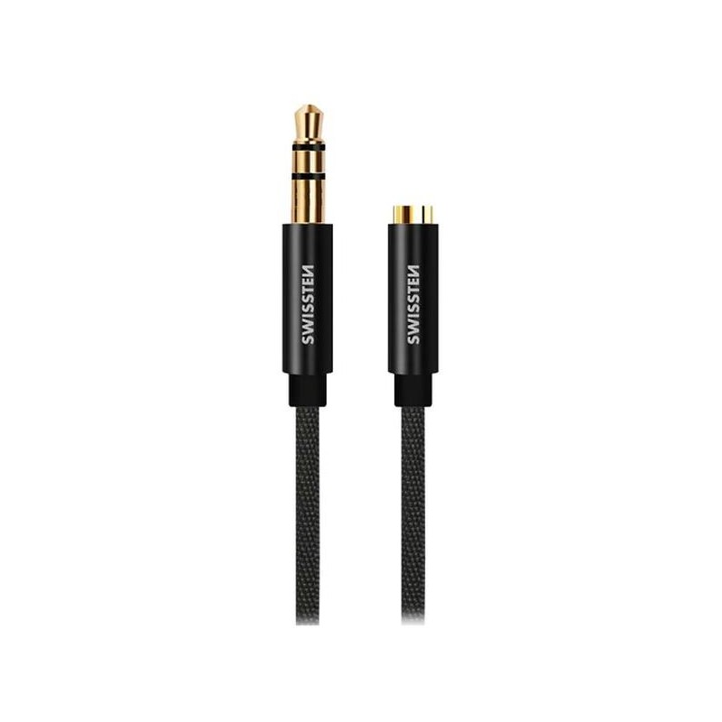Swissten audio kabeltextile 3,5 mm jack(samec) - 3,5 mm jack (samice) 1,5 m černý