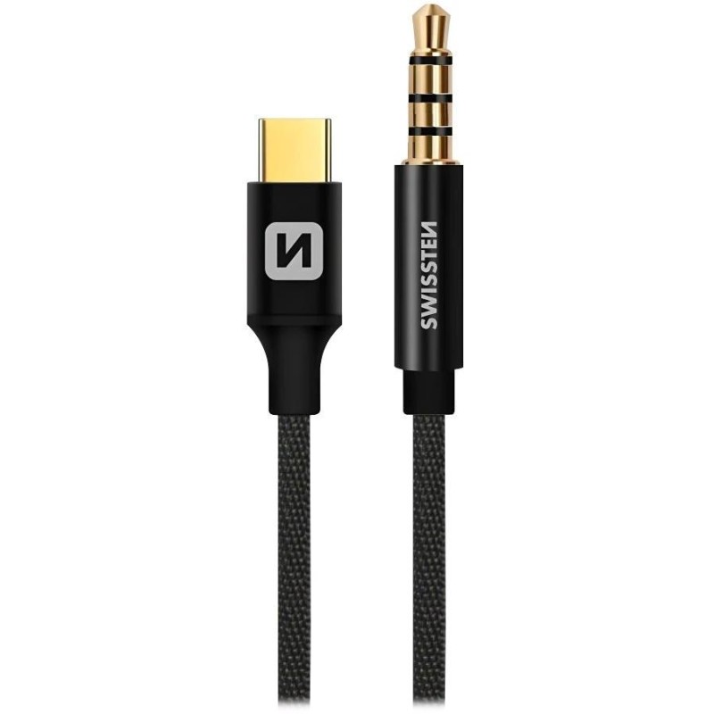 Swissten audio adaptértextile usb-c (samec)/3,5 mm jack (samec) 1,5m černý