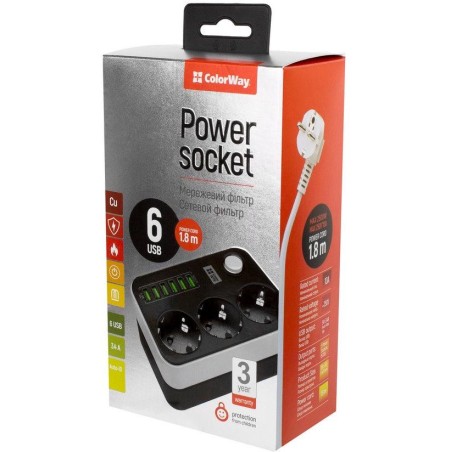 COLORWAY Prodlužovací napájecí přívod/ 3x Schuko/ 6x USB 5V / kabel 1,8m