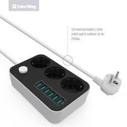 COLORWAY Prodlužovací napájecí přívod/ 3x Schuko/ 6x USB 5V / kabel 1,8m