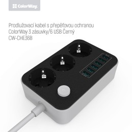 COLORWAY Prodlužovací napájecí přívod/ 3x Schuko/ 6x USB 5V / kabel 1,8m