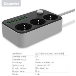 COLORWAY Prodlužovací napájecí přívod/ 3x Schuko/ 6x USB 5V / kabel 1,8m