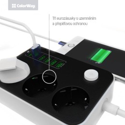 COLORWAY Prodlužovací napájecí přívod/ 3x Schuko/ 6x USB 5V / kabel 1,8m