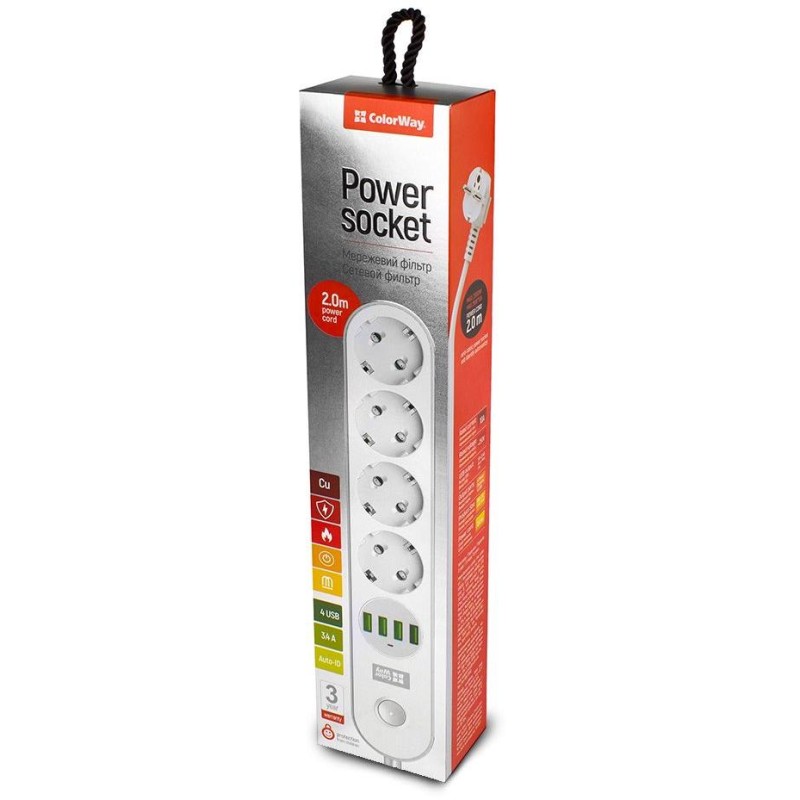 COLORWAY Prodlužovací napájecí přívod/ 4x Schuko/ 4x USB 5V / kabel 2m