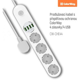 COLORWAY Prodlužovací napájecí přívod/ 4x Schuko/ 4x USB 5V / kabel 2m