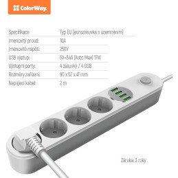 COLORWAY Prodlužovací napájecí přívod/ 4x Schuko/ 4x USB 5V / kabel 2m