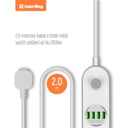 COLORWAY Prodlužovací napájecí přívod/ 4x Schuko/ 4x USB 5V / kabel 2m