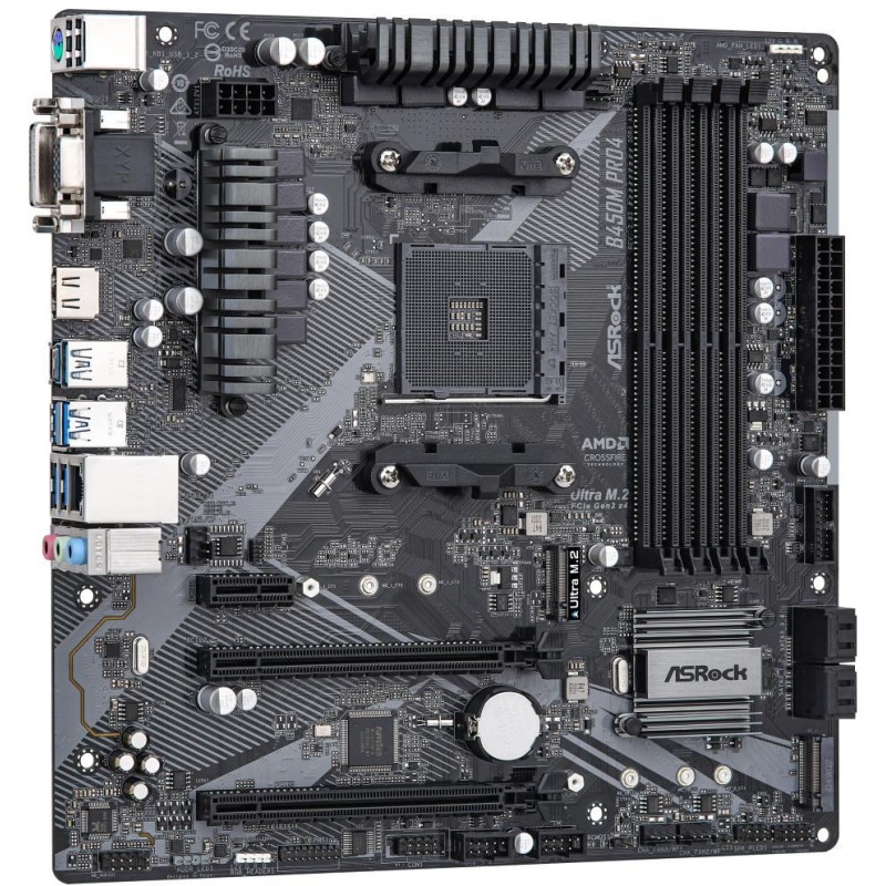 ASRock B450M PRO4 R2.0 / AMD B450 / AM4 / 4x DDR4 DIMM / HDMI / DVI-D / VGA / M.2 / USB-C / mATX