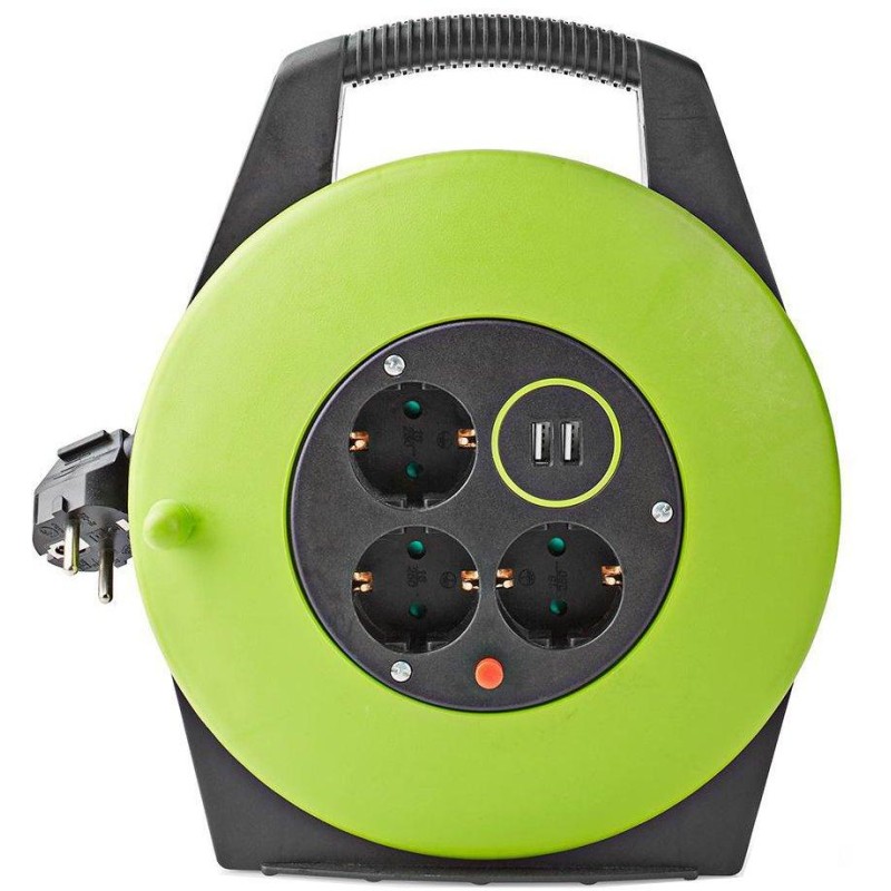 NEDIS kabelový buben/ 3x 1,5 mm2/ 3x zásuvka/ tepelná elektrická pojistka/ Typ F/ USB/ zeleno-černá/ 10 m