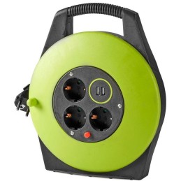 NEDIS kabelový buben/ 3x 1,5 mm2/ 3x zásuvka/ tepelná elektrická pojistka/ Typ F/ USB/ zeleno-černá/ 10 m