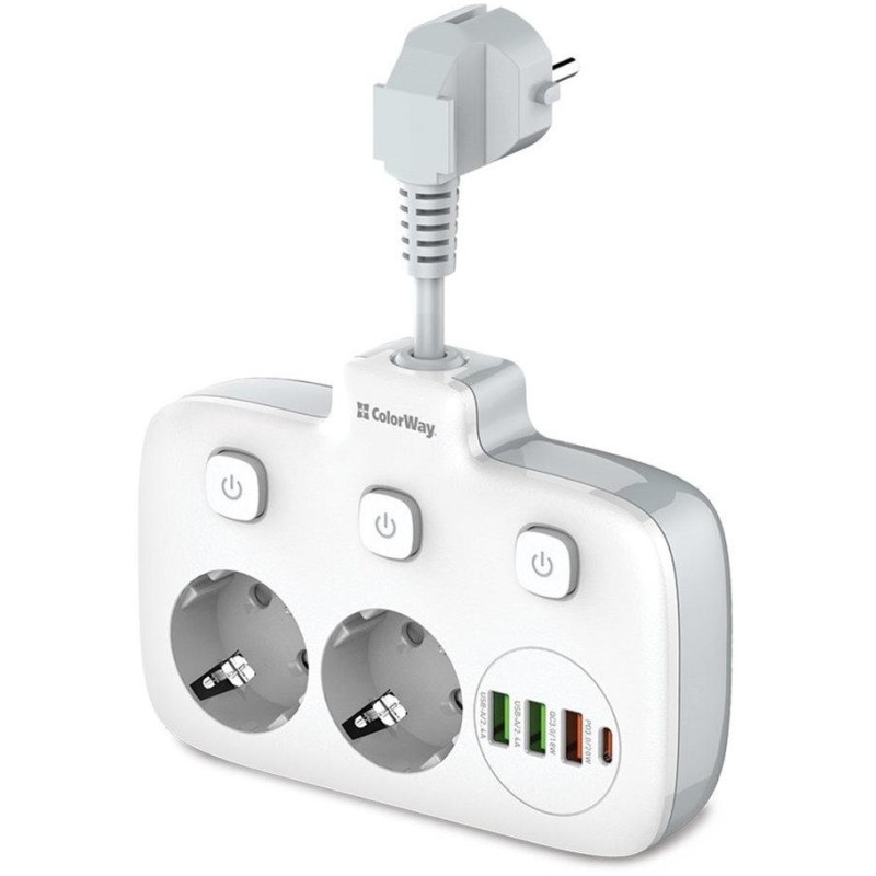 COLORWAY Prodlužovací napájecí přívod/ 2x Schuko/ 3x USB-A/ 1x USB-C / kabel 2,5cm