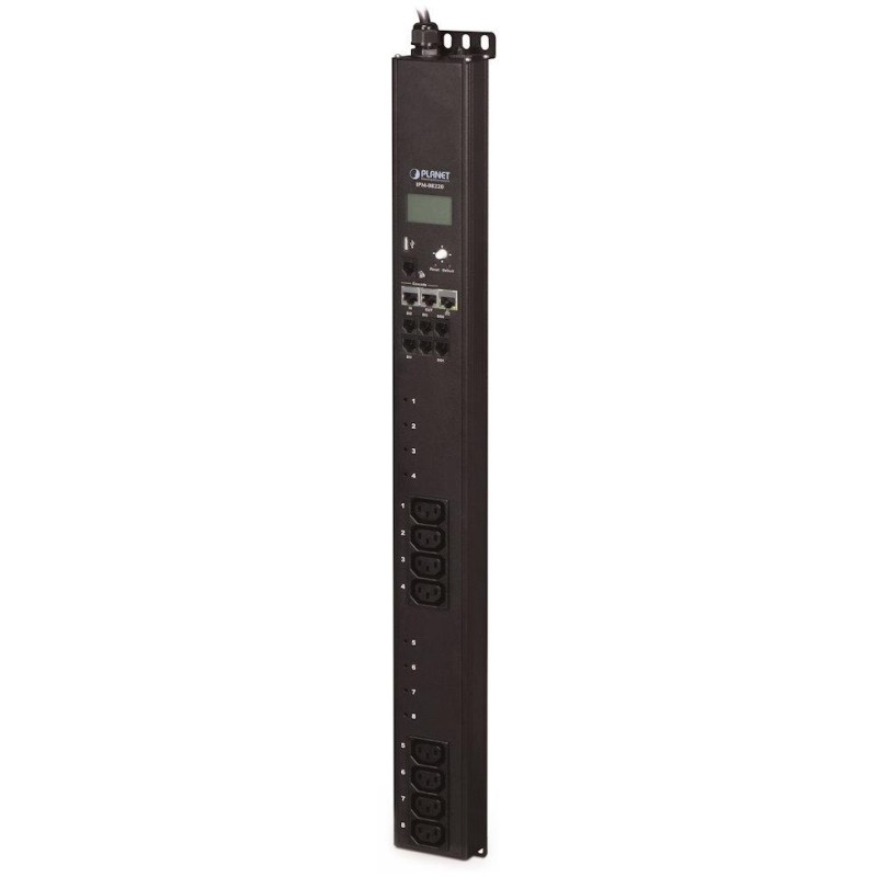 Planet IPM-08220, IP vertikální ovládání 8x zásuvek 240V/10A, 0U Rack, LED+displej, 2 kaskádové porty, port pro senzor