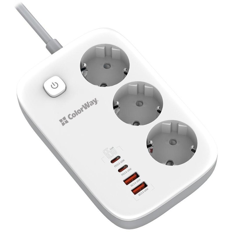 COLORWAY Prodlužovací napájecí přívod/ 3x Schuko/ 2x USB-A 60W/ 2x USB-C 65W/ kabel 2m
