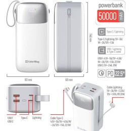 COLORWAY powerbanka/ 50 000mAh/ 1x USB QC3.0/ USB-C/ Lightning/ 22,5W/ Bílá