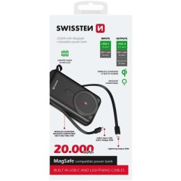 Swissten power bank 20000 mah pd 20w s integrovanými kabely  usb-c a lightning (kompatibilní s magsafe)