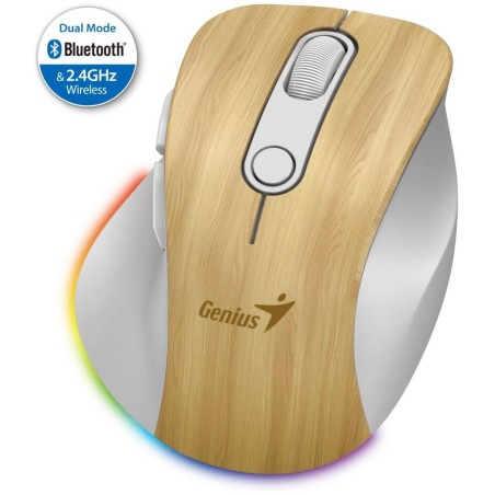 GENIUS Ergo 9000S Pro Pine Wood/ duální Bluetooth+2,4GHz/ 2400dpi/ bezdrátová/ 6 tlačítek/ dobíjecí/ RGB/ barva borovice