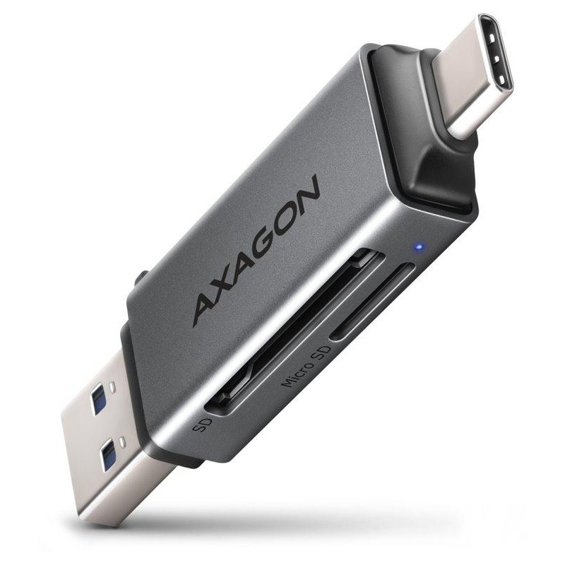 AXAGON čtečka paměťových karet microSD/SD / CRE-DAC / USB 3.2 gen1 / USB-A + USB-C / kovové tělo
